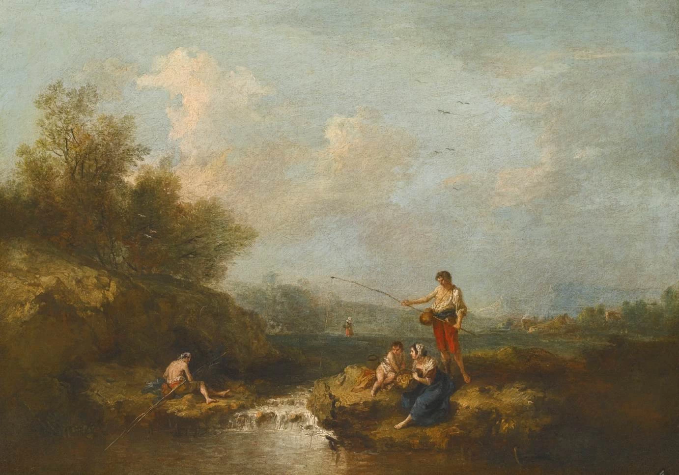 Pescatori e altre figure accanto a un ruscello che scorre